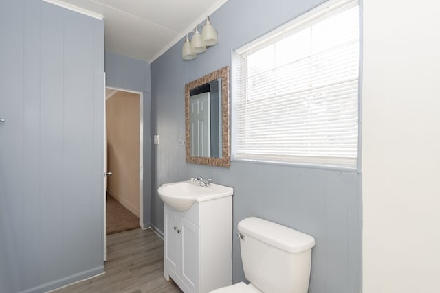 bathroom with vanity, toilet, and hardwood / wood-style floors