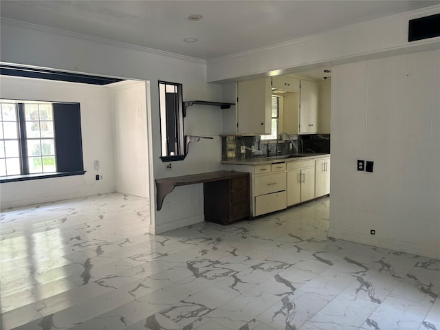 kitchen with sink, ornamental molding, tasteful backsplash, and plenty of natural light