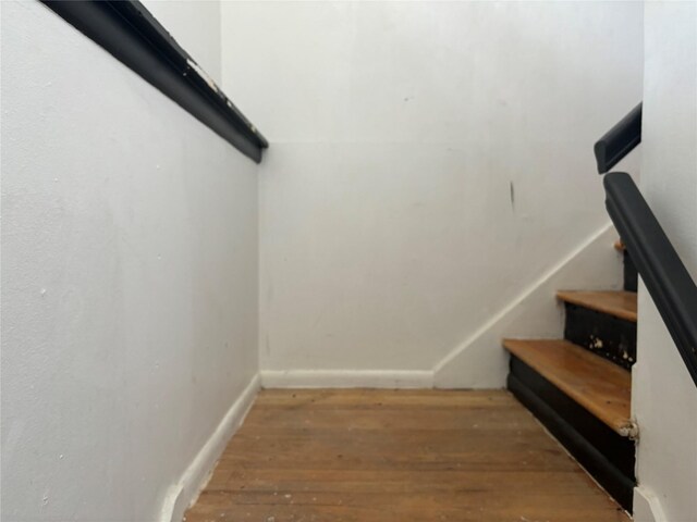 staircase with hardwood / wood-style flooring