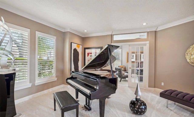 miscellaneous room featuring light carpet, french doors, a textured ceiling, and ornamental molding