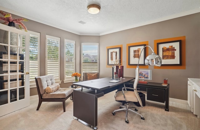 office featuring light carpet, a textured ceiling, and ornamental molding