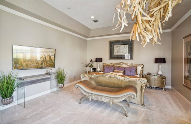 bedroom with crown molding, carpet flooring, and a textured ceiling