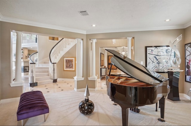 interior space featuring light carpet, ornamental molding, and a textured ceiling