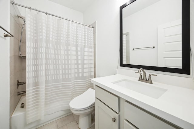 full bathroom featuring vanity, tile patterned flooring, toilet, and shower / bathtub combination with curtain