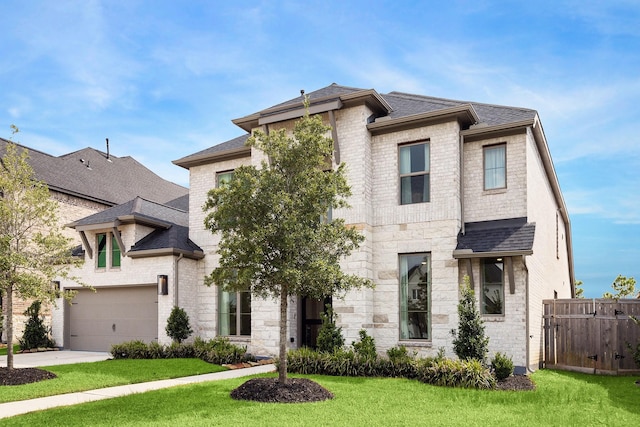 view of front of property featuring a front lawn and a garage