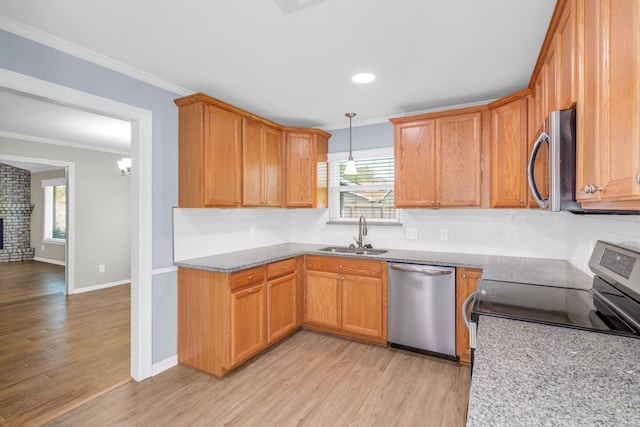 kitchen with crown molding, plenty of natural light, sink, and appliances with stainless steel finishes