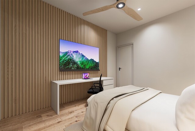 bedroom featuring ceiling fan and light hardwood / wood-style floors