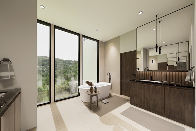 bathroom featuring vanity, plenty of natural light, expansive windows, and a washtub