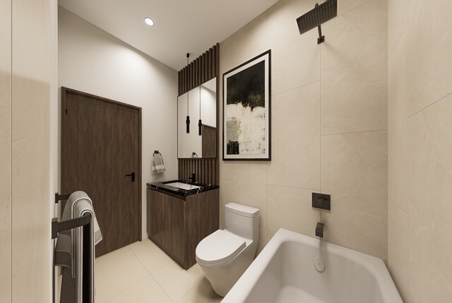 bathroom featuring tile patterned flooring, vanity, toilet, and tile walls