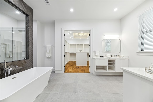 bathroom featuring a healthy amount of sunlight, plus walk in shower, hardwood / wood-style floors, and vanity