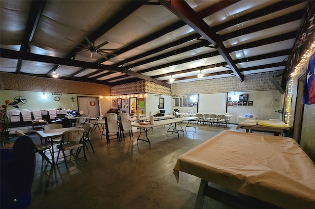 miscellaneous room with beamed ceiling, concrete flooring, ceiling fan, and billiards