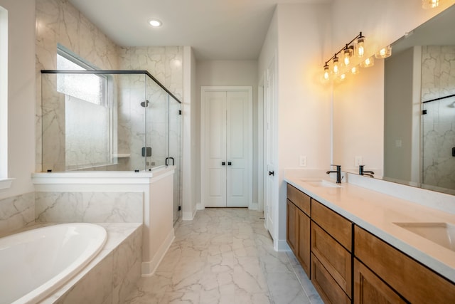 bathroom featuring tile patterned floors, plus walk in shower, and dual bowl vanity