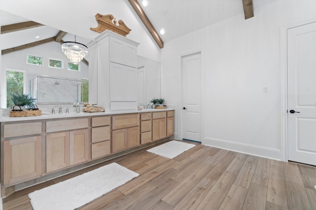 bathroom with hardwood / wood-style flooring, a shower with door, vanity, vaulted ceiling with beams, and a notable chandelier