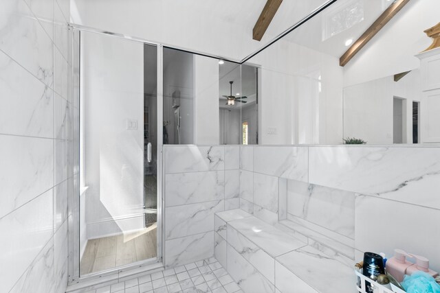 bathroom with lofted ceiling with beams, an enclosed shower, and ceiling fan