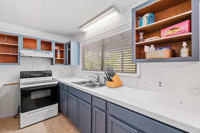 kitchen featuring a sink, electric stove, open shelves, and under cabinet range hood