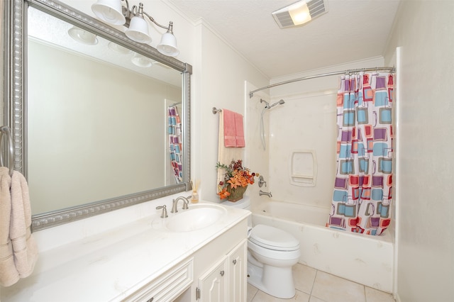 full bathroom featuring vanity, shower / bath combo, toilet, a textured ceiling, and tile patterned flooring