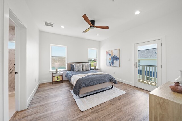 bedroom featuring access to exterior, light wood-type flooring, and ceiling fan