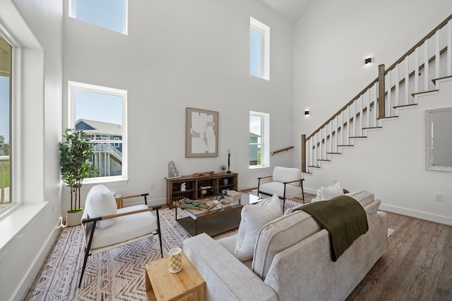 living room featuring a high ceiling and hardwood / wood-style floors