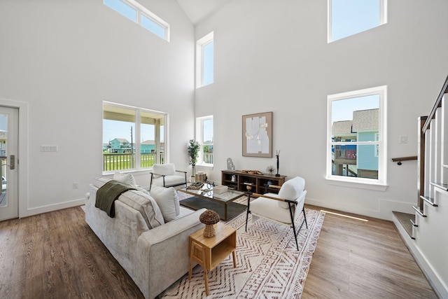 living room with hardwood / wood-style floors and a high ceiling