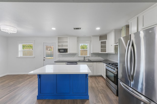 kitchen featuring hardwood / wood-style flooring, plenty of natural light, sink, a kitchen island, and appliances with stainless steel finishes