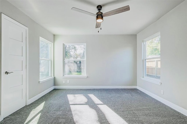 unfurnished room with ceiling fan and carpet floors