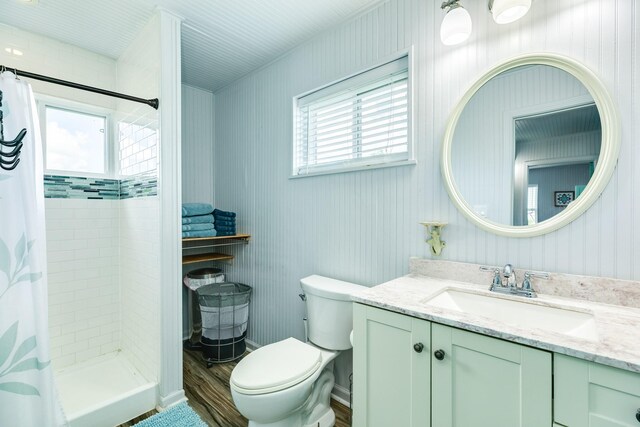 bathroom featuring toilet, a healthy amount of sunlight, a shower with curtain, and vanity