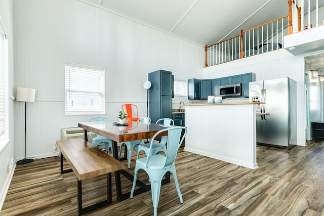 dining space featuring dark hardwood / wood-style flooring, sink, and high vaulted ceiling
