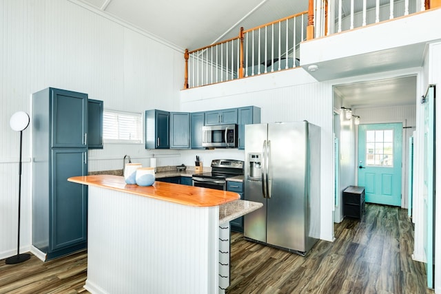 kitchen featuring stainless steel appliances, dark hardwood / wood-style floors, a center island, and high vaulted ceiling