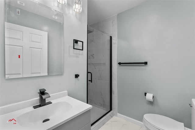 bathroom with tile patterned flooring, a shower with shower door, toilet, and vanity