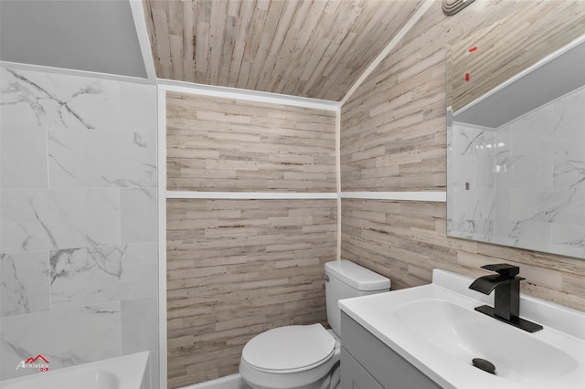 full bathroom with wooden walls, toilet, wood ceiling, vanity, and vaulted ceiling