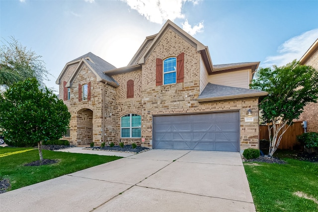 view of front of property featuring a front yard and a garage