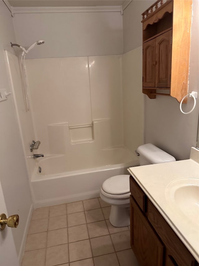 full bathroom featuring tub / shower combination, vanity, tile patterned flooring, and toilet