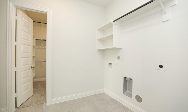 laundry area with electric dryer hookup, hookup for a gas dryer, light carpet, and hookup for a washing machine