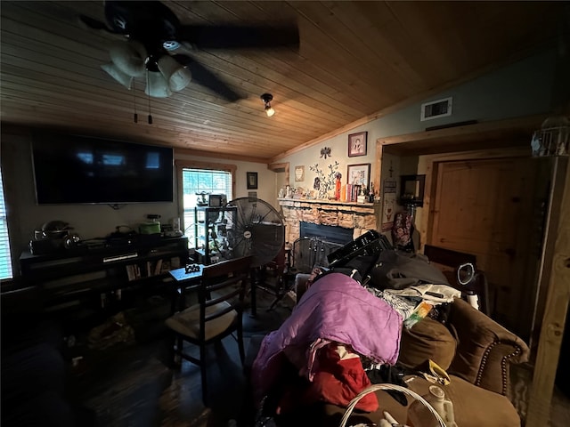 misc room with a fireplace, wooden ceiling, ceiling fan, and lofted ceiling