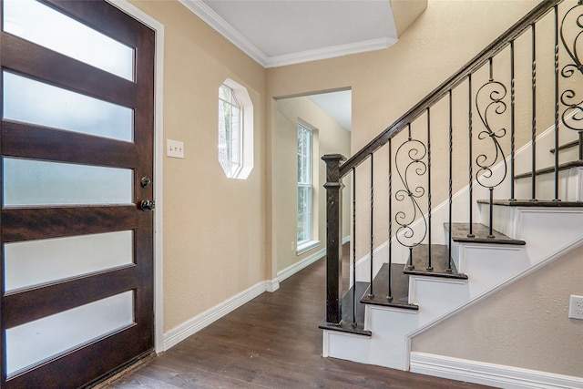 entrance foyer with wood-type flooring and ornamental molding