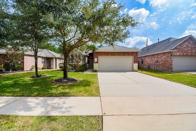 single story home featuring a garage and a front yard