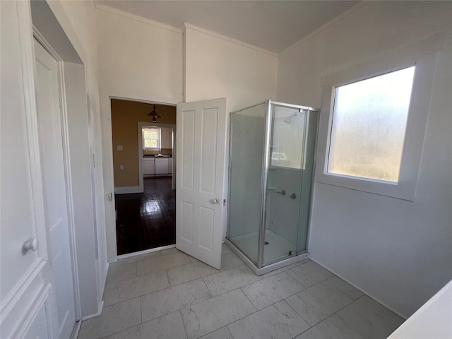 bathroom featuring wood-type flooring, an enclosed shower, and ornamental molding