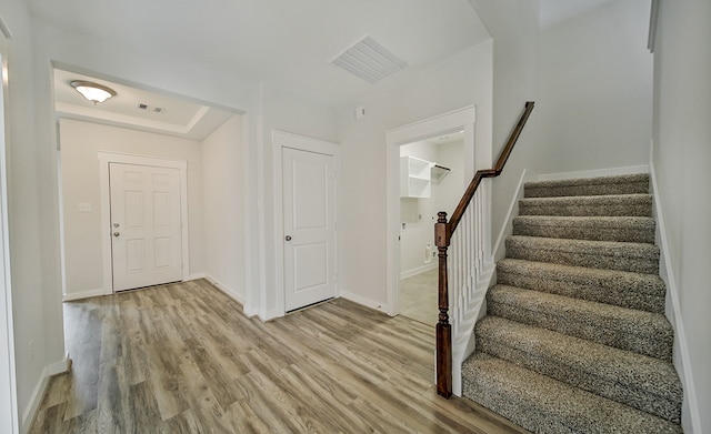 foyer with a raised ceiling and hardwood / wood-style floors