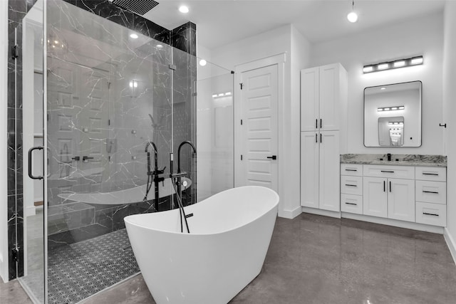 bathroom with vanity, plus walk in shower, and concrete floors