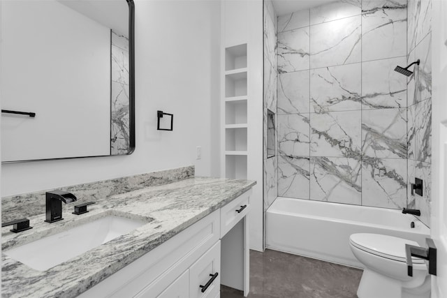 full bathroom featuring tiled shower / bath combo, toilet, built in features, and vanity