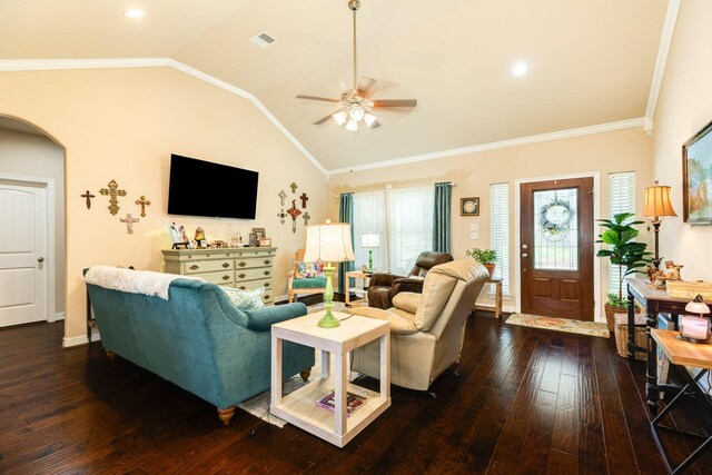 living room with lofted ceiling, wood-type flooring, crown molding, and ceiling fan