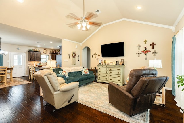 living room featuring vaulted ceiling, wood-type flooring, crown molding, and ceiling fan with notable chandelier