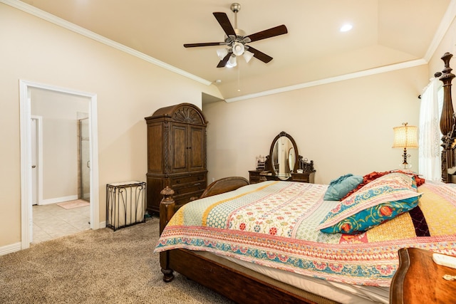 bedroom with crown molding, ceiling fan, lofted ceiling, and light carpet