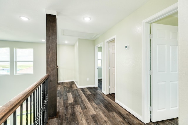 hallway with dark hardwood / wood-style flooring