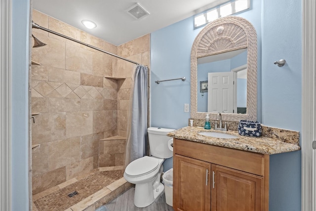 bathroom featuring a shower with curtain, vanity, and toilet