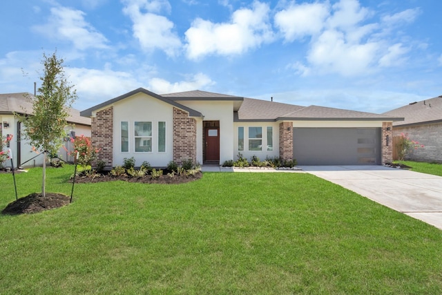 3335 Balboa Grove Ln, Missouri City, TX 77459 - single story home featuring a garage, stucco siding, a front lawn, brick siding, and driveway