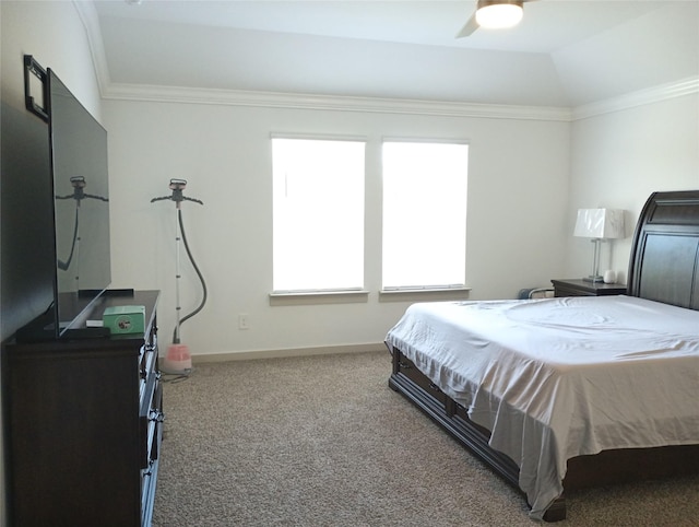 3335 Balboa Grove Ln, Missouri City, TX 77459 - carpeted bedroom with crown molding, baseboards, a ceiling fan, and lofted ceiling