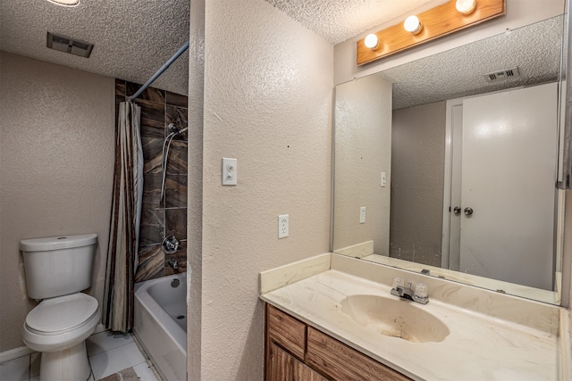 full bathroom with shower / tub combo, tile patterned flooring, a textured ceiling, toilet, and vanity