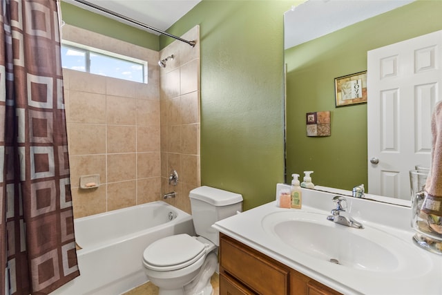 full bathroom with toilet, vanity, and shower / bath combination with curtain