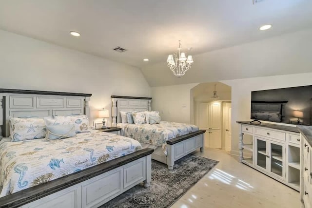 bedroom with vaulted ceiling, a chandelier, visible vents, and recessed lighting